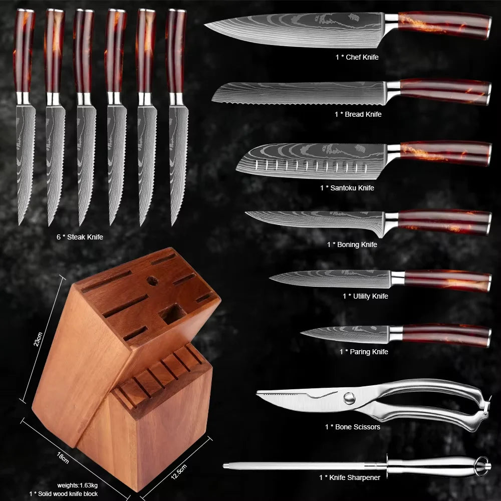 XITUO Kitchen Knife Set 15PCS With Wooden Block,Laser Damascus Pattern Steel Professional Chef Knife,With Scissor Sharpening Rod
