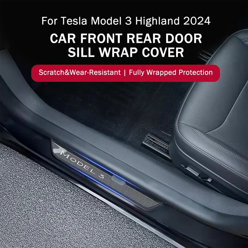 For Tesla Model 3 Highland Front Rear Door Sill Wrap Cover Anti Scratch Stainless Steel Door Sill Strip Plate Car Accessories
