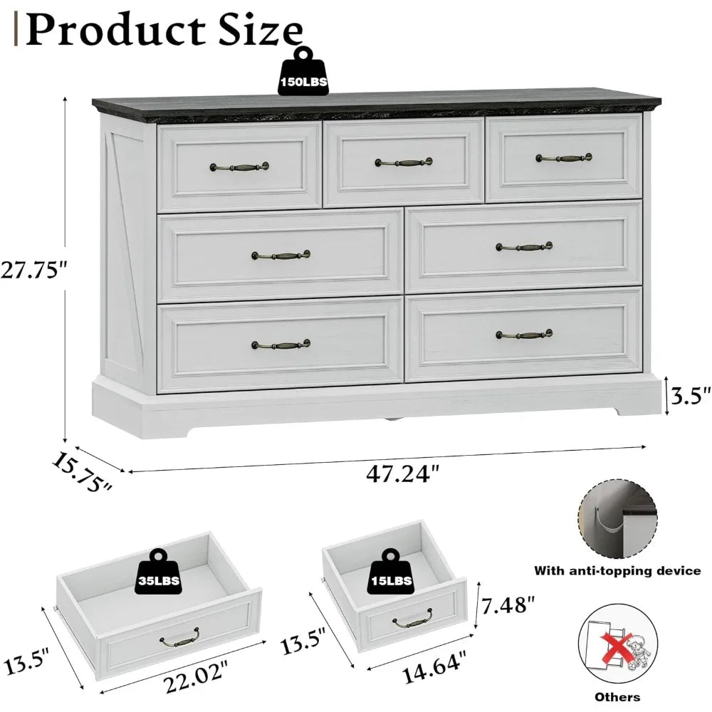 Farmhouse 7 Drawers Dresser for Bedroom, 48" Wide Modern Chest of Drawers with Deep Drawers & Bar Handles, Rustic Wood Dresser T