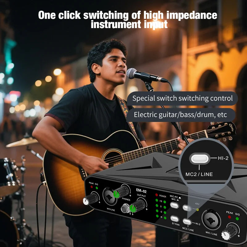 2-in/2-out 48V Phantom Power Mic Audio Interface, 32-bit/384kHz Audio Resolution, Mic Preamp, Low Noise & Distortion, for Electr