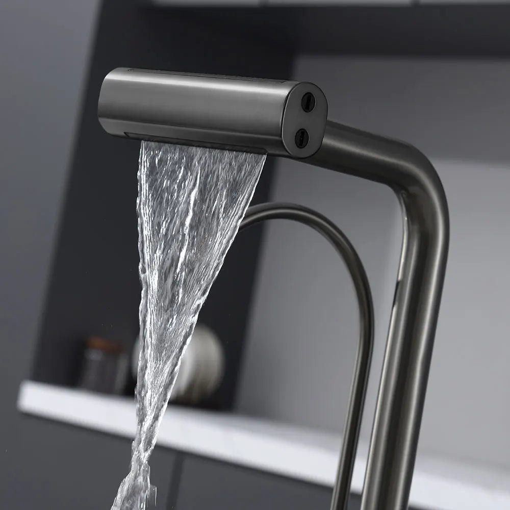 Waterfall Faucet Multi-functional 4 Mode pure Hot Cold Water Kitchen Faucet Sprayer Sink Wash Tap 360° Rotation gun gray Brushed