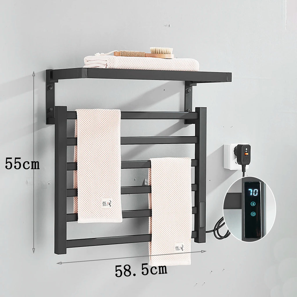 Black Bathroom Electric Heated Towel Rack with Digital Display Touch Thermostatic Dry Towel 304 Stainless Steel Heater