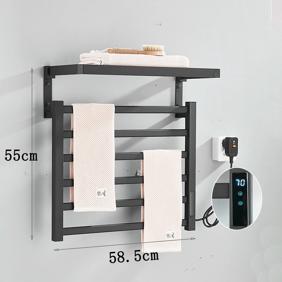 Black Bathroom Electric Heated Towel Rack with Digital Display Touch Thermostatic Dry Towel 304 Stainless Steel Heater