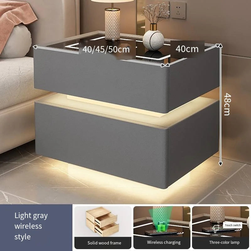 Creative 25-50cm Smart Bedside Table with Sensor Light Nordic Style Storage Cabinet Bedroom Nightstand with Wireless Charging