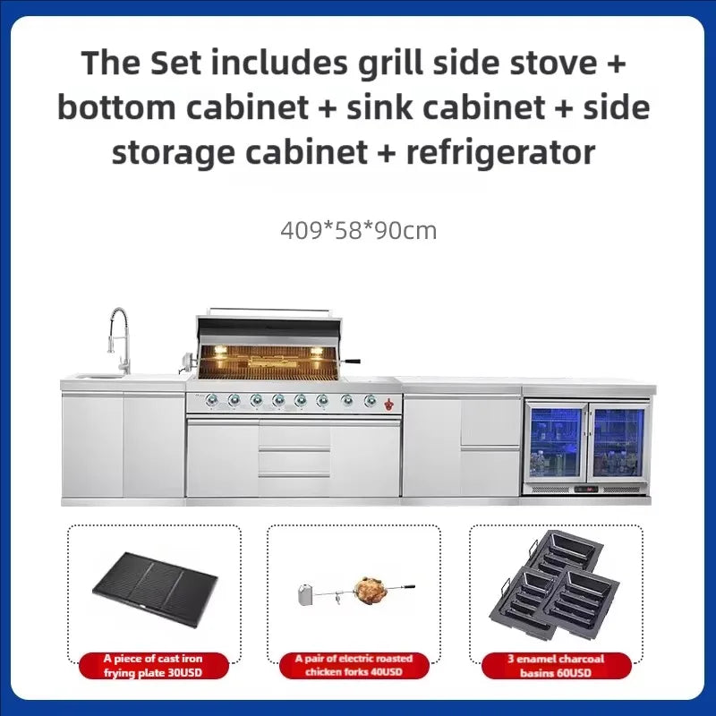 Customized Luxurious Outdoor Modular Kitchen with Stainless Steel BBQ Oven Fridge Trash Can for Courtyard Camping