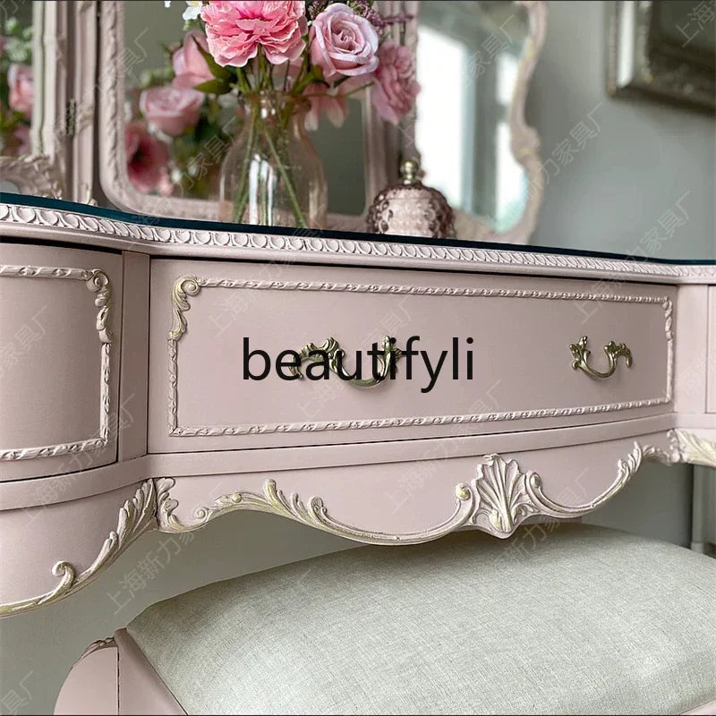 NEW y French retro pink dresser solid wood carving flower dressing table makeup stool glass combination
