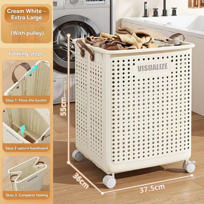 Folding dirty clothes basket, household laundry basket, with wheels, large capacity storage basket, balcony bathroom crevice