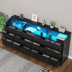 Dresser for Bedroom with Power Outlet, Modern Chest of LED Light, Open Storage Cubby, Organizer, Entryway, Living Room, Black