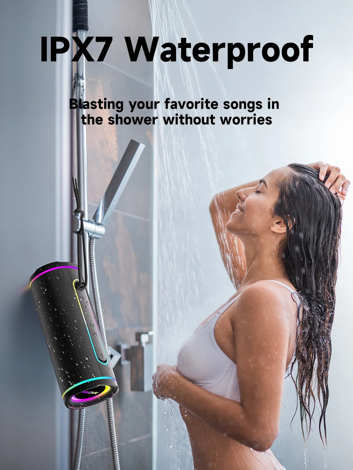 MLOVE E80 Bluetooth Speaker, Bluetooth 5.4, Dual Speakers, RGB Lights, IPX7 Waterproof, TWS Connectivity