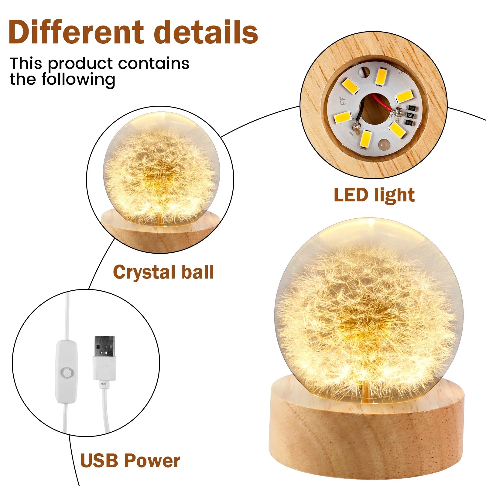 3D Dandelion Crystal Ball LED Night Light with Beech Wood Stand Preserved Flower Sphere Ball Resin Craft Home Decor Bithday Gift