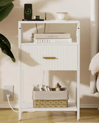 White Nightstand With Charging Station, Fluted Side Table With Drawer, Modern Bedside Table With Open Shelves For Living Room,