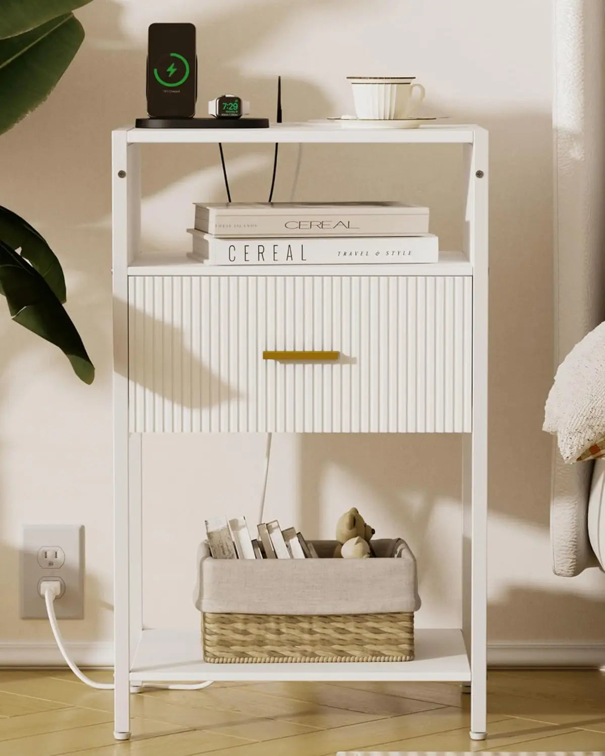 White Nightstand With Charging Station, Fluted Side Table With Drawer, Modern Bedside Table With Open Shelves For Living Room,