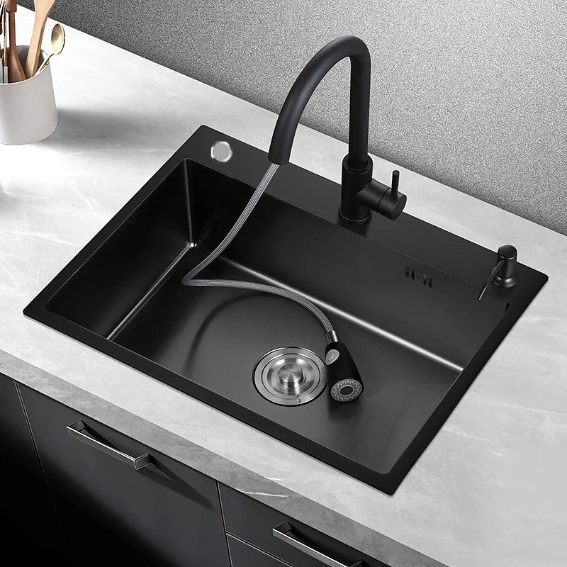 304 Stainless Steel Kitchen Sink Topmount Single Bowl DarkGray Wash Basin For Home Fixture With Kitchen Faucet Drain Accessories