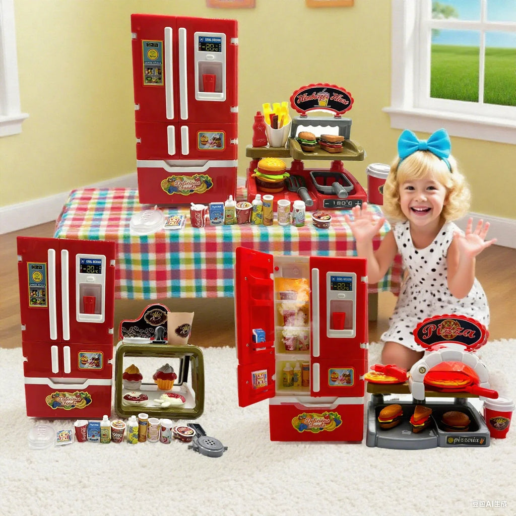 Kitchen Pretend Play House Set Spray Water Vapor Mini Fridge Kitchen Fast Food Burger Fries Dessert Educational Role Play Toys