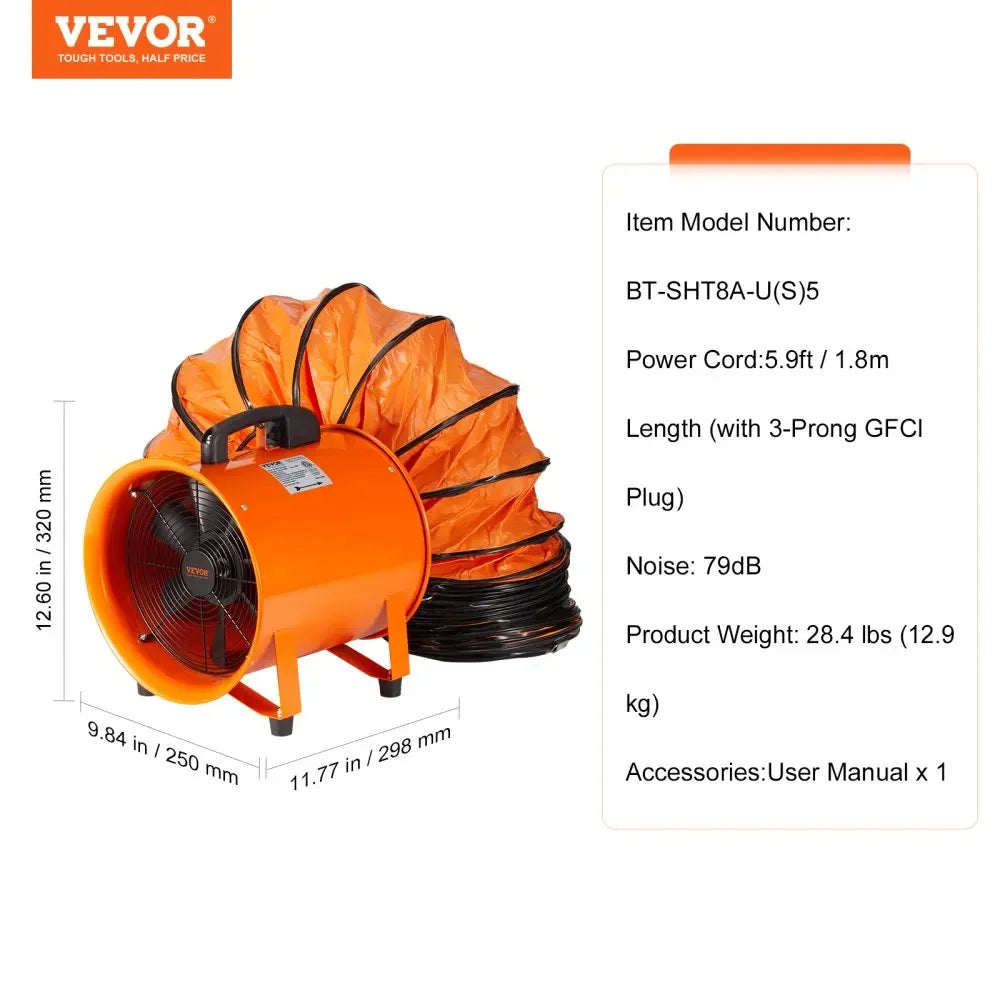 VEVOR Portable Ventilator 12 inch Cylinder Fan with 33/16.4ft Hose 585W 3198CFM Industrial Utility Blower for Sucking Dust Smoke