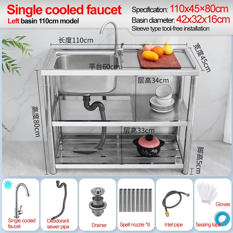 Stainless Steel Sink Kitchen Household Thickened Single Trough with Bracket Wash Basin Sink with Platform Easy Landing