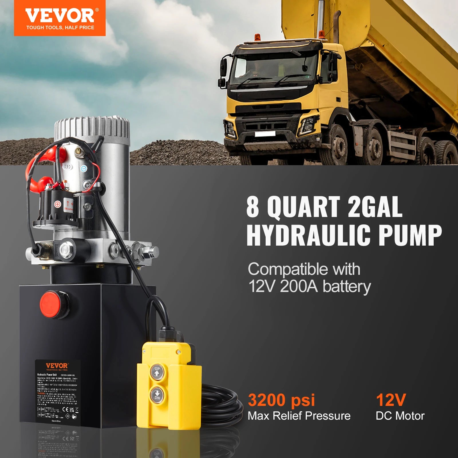 VEVOR Hydraulic Pump 8 Quart Dump Trailer Pump Single Acting Hydraulic Power Unit 3200 PSI Max Relief Pressure Car Lifting