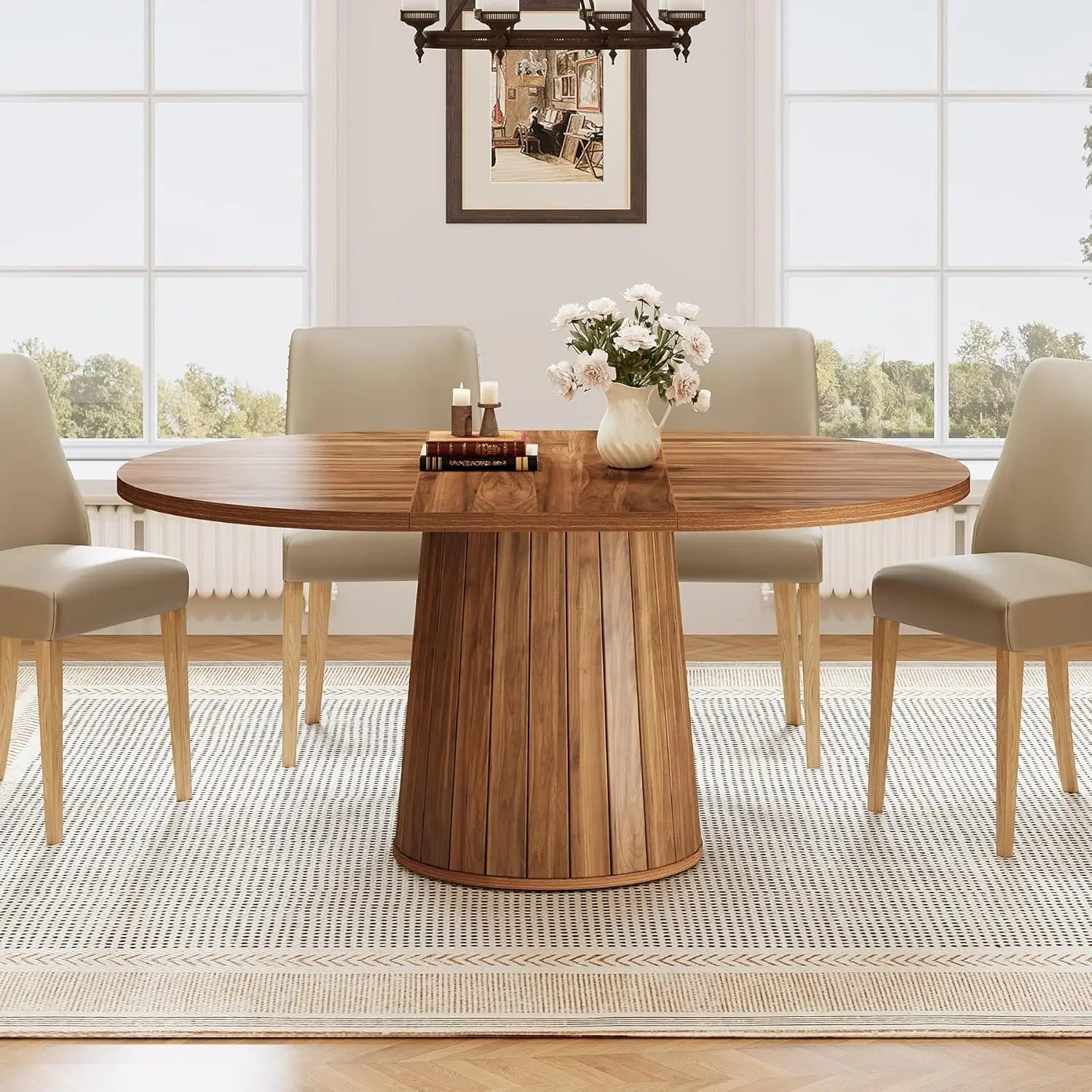 LITTLE TREE Oval Dining Table for 6 People, 55.11-Inch Farmhouse Kitchen Dinner Table with Cylindrical Pedestal