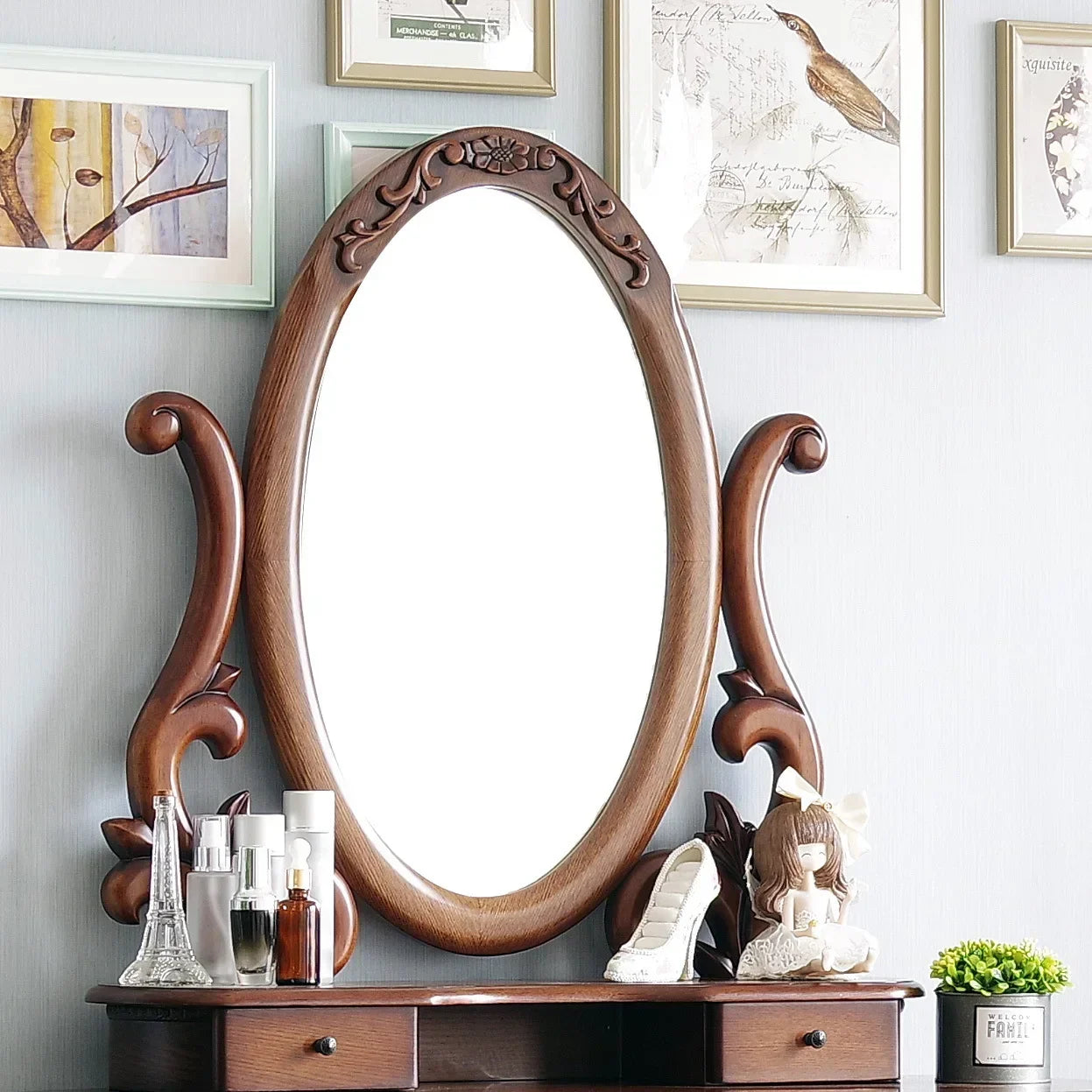 European Solid Wood Mirror Table Bedroom Dresser Amercia Princess Furniture Dark Villa Luxury Carved Makeup Table Dressing Table
