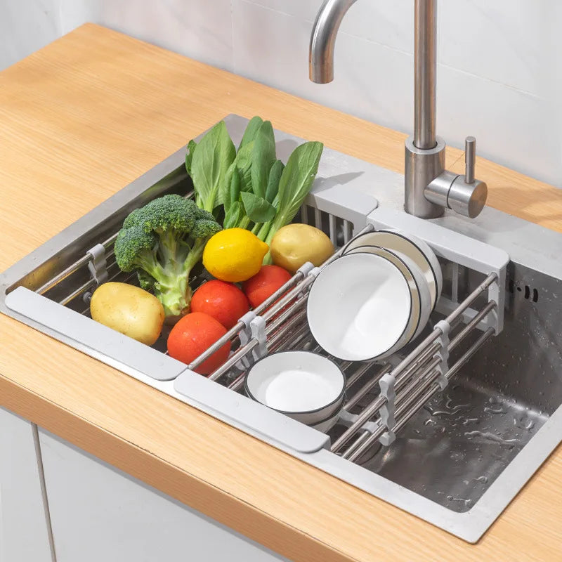Stainless Steel Kitchen Sink Drain Rack Telescopic Utensil Rack Fruit Vegetable Washing Storage Rack Household Kitchen Accessory