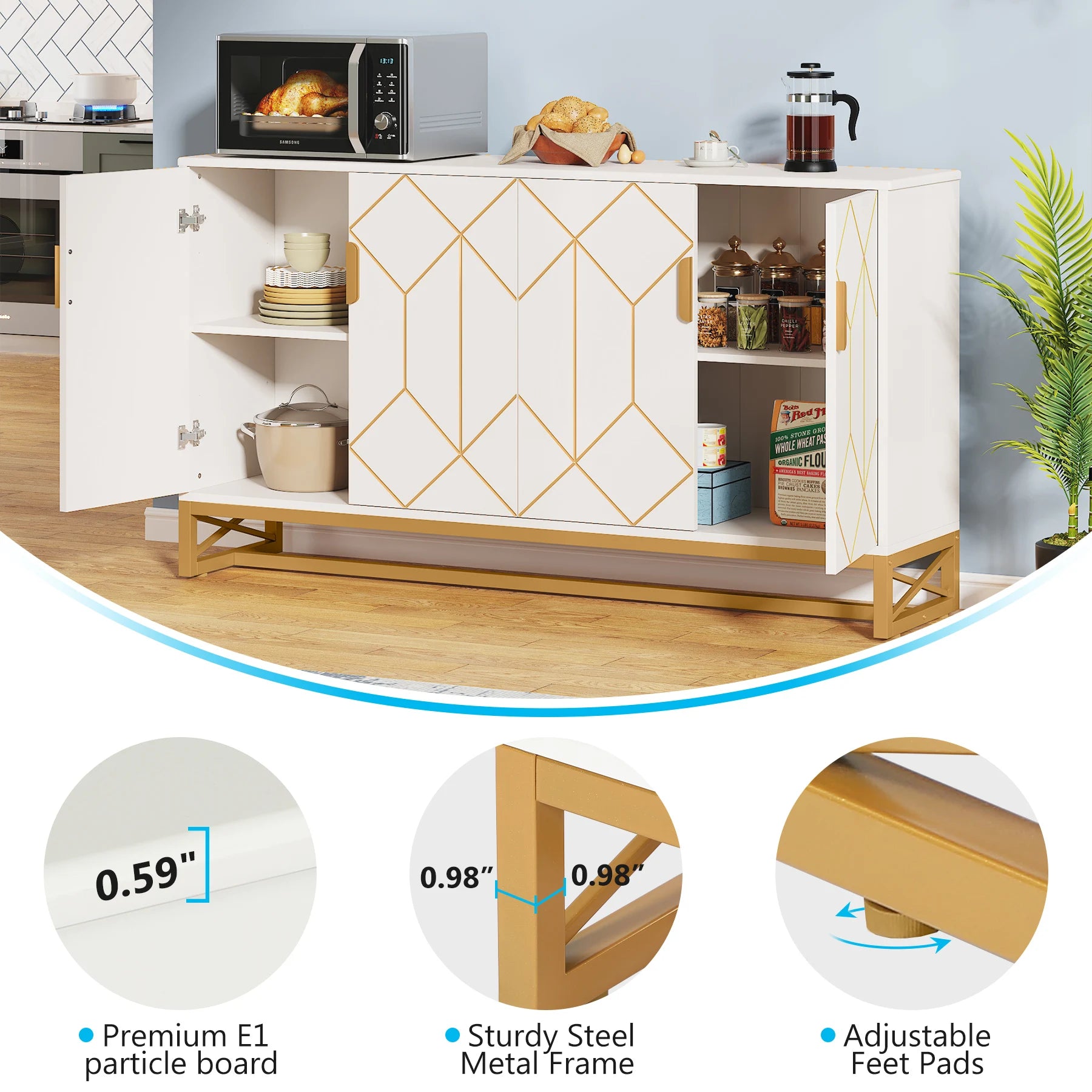 Tribesigns 59" White Gold Buffet Cabinet with Storage Kitchen Sideboard Storage Cabinet
