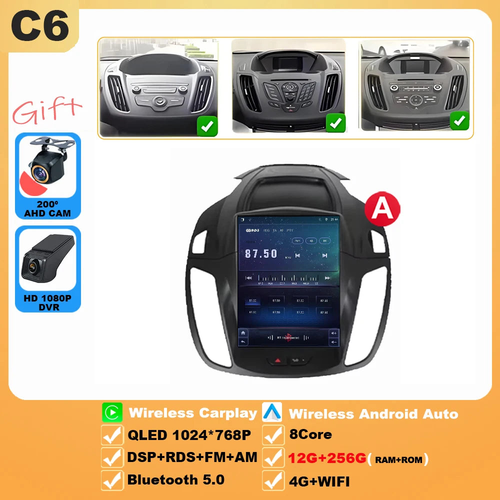 Wireless Android 15 Carplay For Ford Kuga 2 Escape 3 2012-2019 9.7 Inch Tesla Style Car Multimedia Player 5G Wifi Touch Display