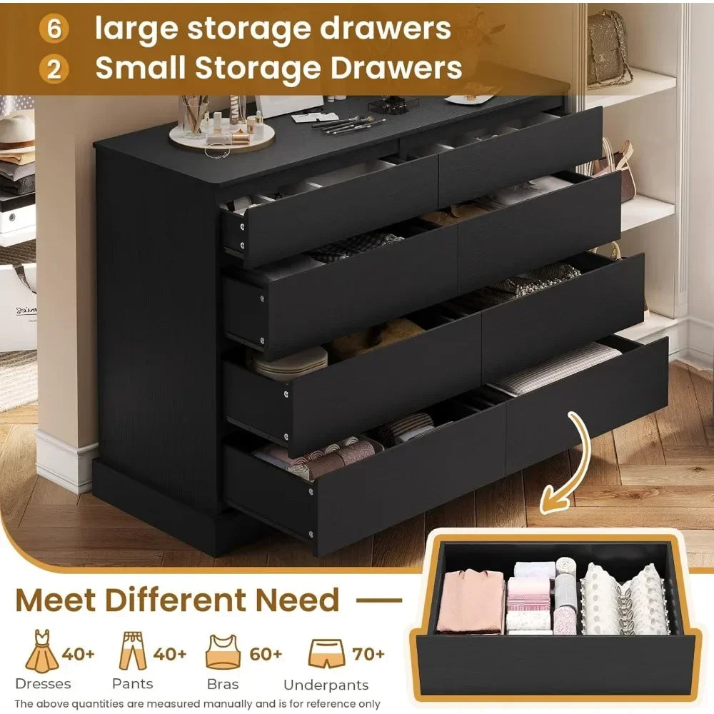 8 Drawers Bedroom Dresser, Modern Large Double Dressers for Bedroom, Black Storage Organizer Chest of Drawers
