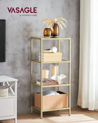 VASAGLE Bookcase, 4-Tier Bookshelf, Slim Shelving Unit for Bedroom, Bathroom, Home Office, Tempered Glass, Steel Frame