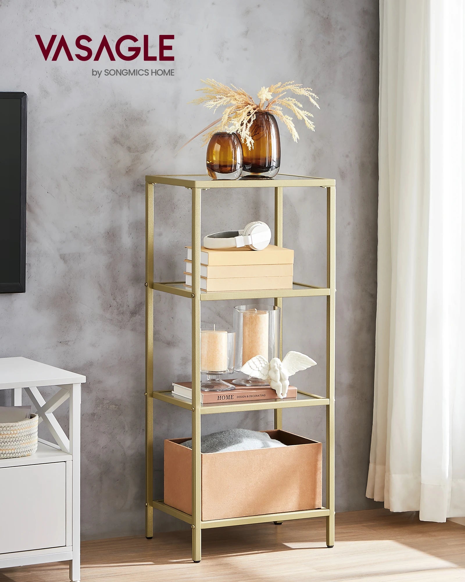 VASAGLE Bookcase, 4-Tier Bookshelf, Slim Shelving Unit for Bedroom, Bathroom, Home Office, Tempered Glass, Steel Frame