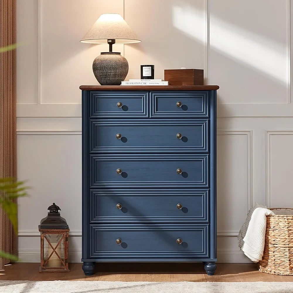 Farmhouse 6 Drawer Dresser, Chest of Drawers for Bedroom, 43.5" Tall Blue Dresser with Roman Column and Metal Handles, Rustic Wo