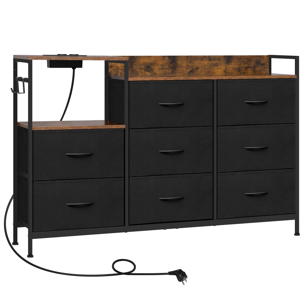 Chest of Drawers with 8 Fabric Drawer Sideboard Storage Cabinet for Kitchen Office with Charging Sockets Steel Frame 132x88x30cm