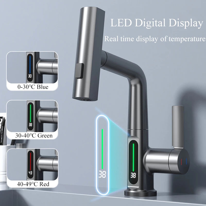 Smart Digital Display Basin Faucet 3 Function Pull Out Waterfall Spout Deck Mount Cold Hot Water Mixer Liftable Sink Crane Tap