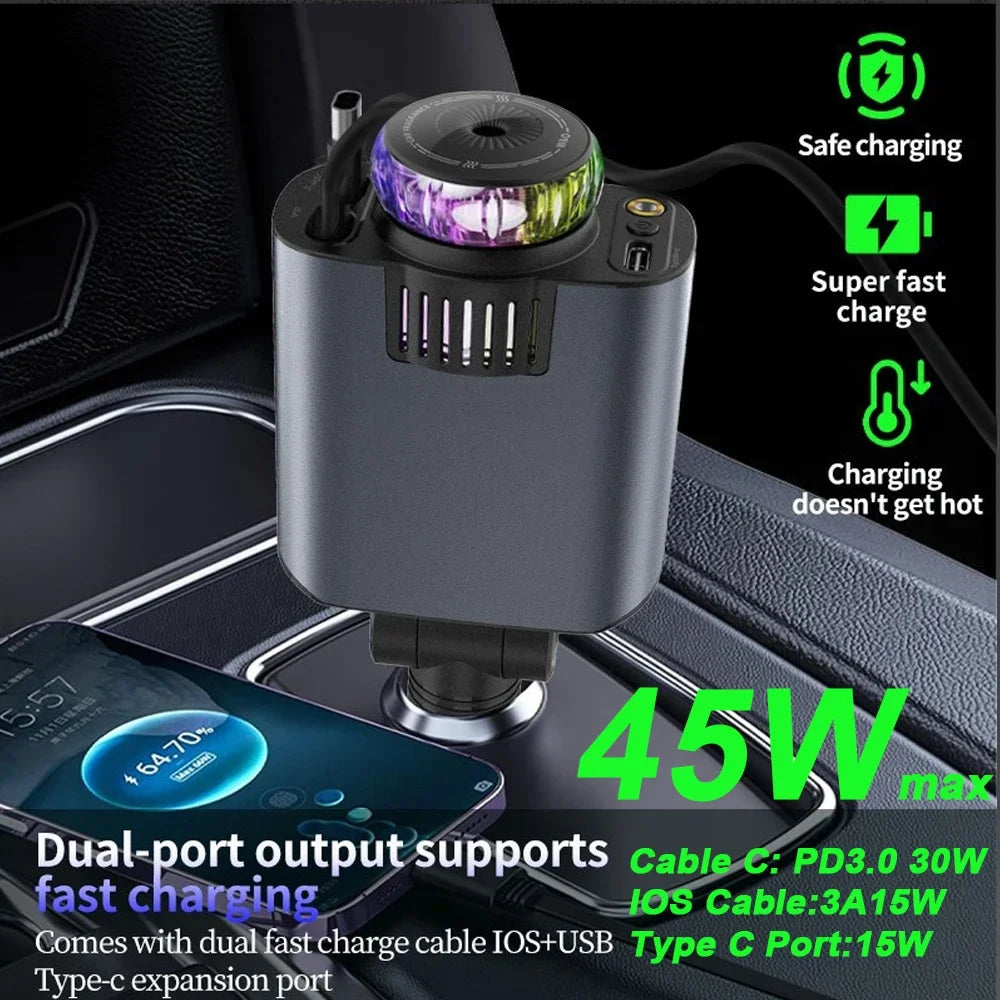 5-In-1 Car 45W Retractable Phone Charger with Type C PD Cable Aromatherapy Essential Diffuser Roof Starlight For IPhone Andriod