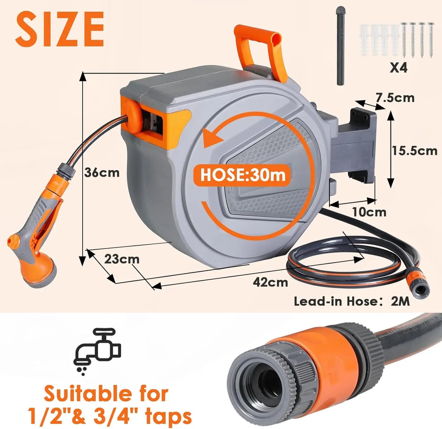 Retractable Garden Hose Reel 20/30M+2M UV Resistant Heavy Duty Automatic Hose Reel Wall Mount 1/2,3/4in Fitting 9 Pattern Nozzle