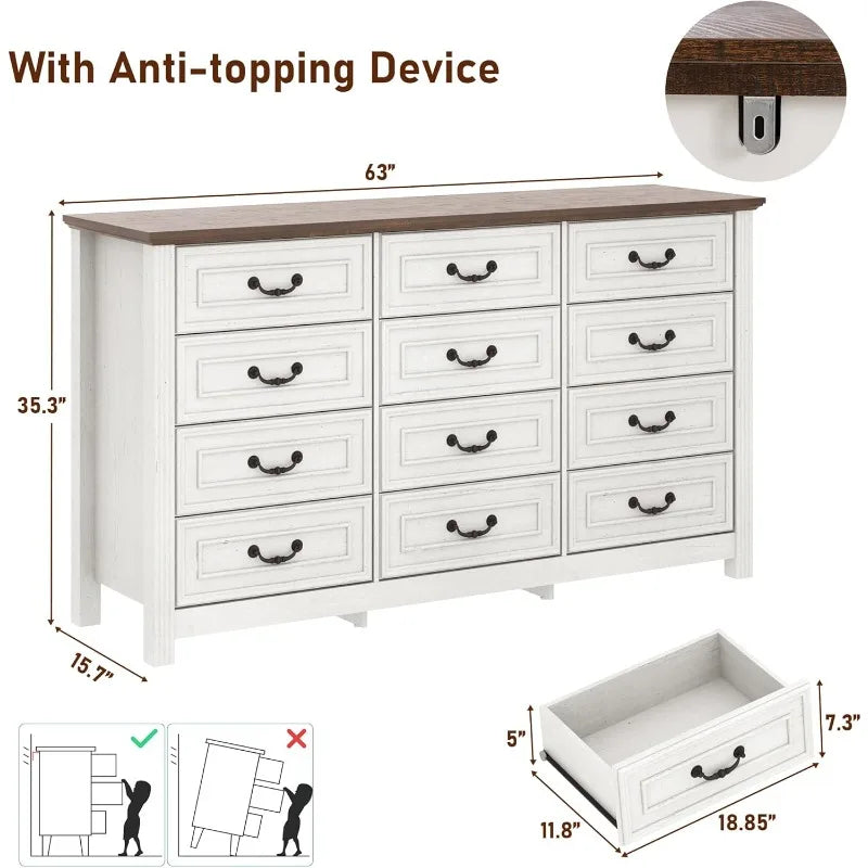 Farmhouse 12 Drawer Dresser for Bedroom, 63” Wood Dresser & Chest of Drawers with Rustic Handles, Wide Closet Dresser Organizer