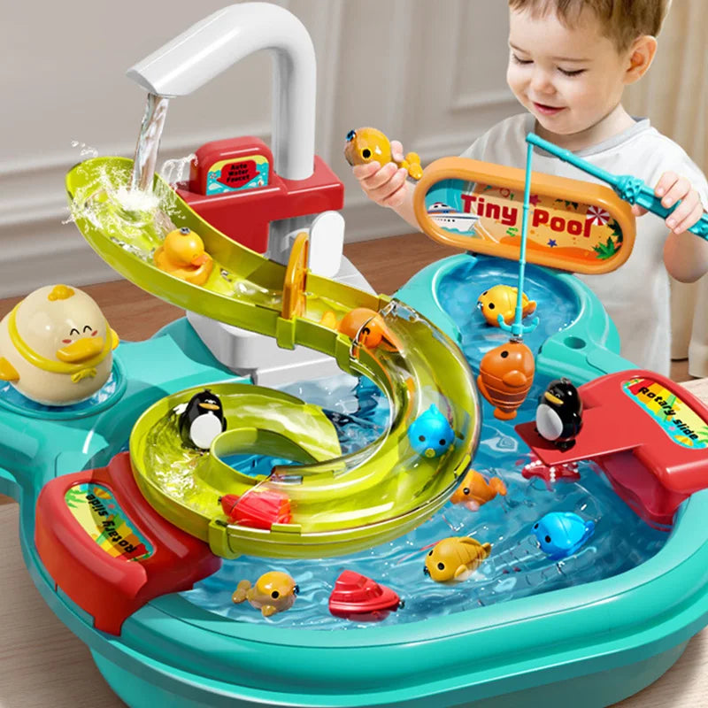 Play Sink with Running Water Toy Kid Dishwashing Basin Interactive Fishing Set Pretend Role Play Game Kitchen Cleaning Food Gift