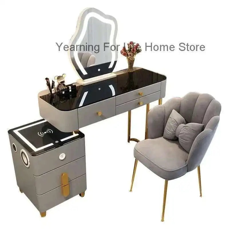 Luxury Glass Dressing Table with Smart Wireless Charging Bedroom Vanity Nightstand Makeup Table Drawers with Led Mirror Dresser