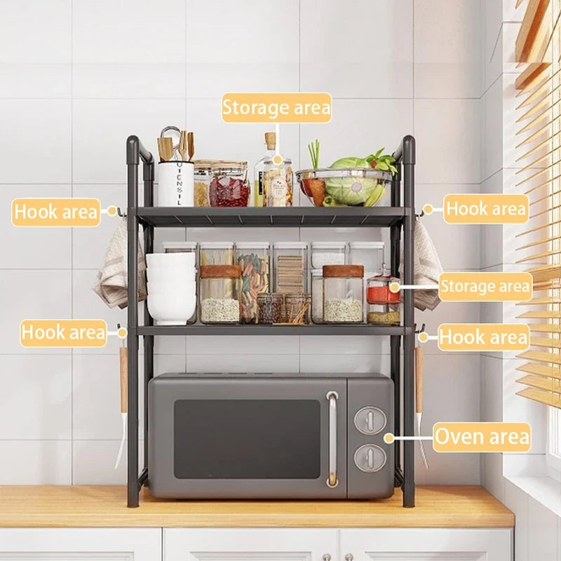 2/3 Floor Kitchen Microwave Rack, Desktop Oven and Toaster Storage Rack, With Hooks to Save Space, Kitchen Storage Rack