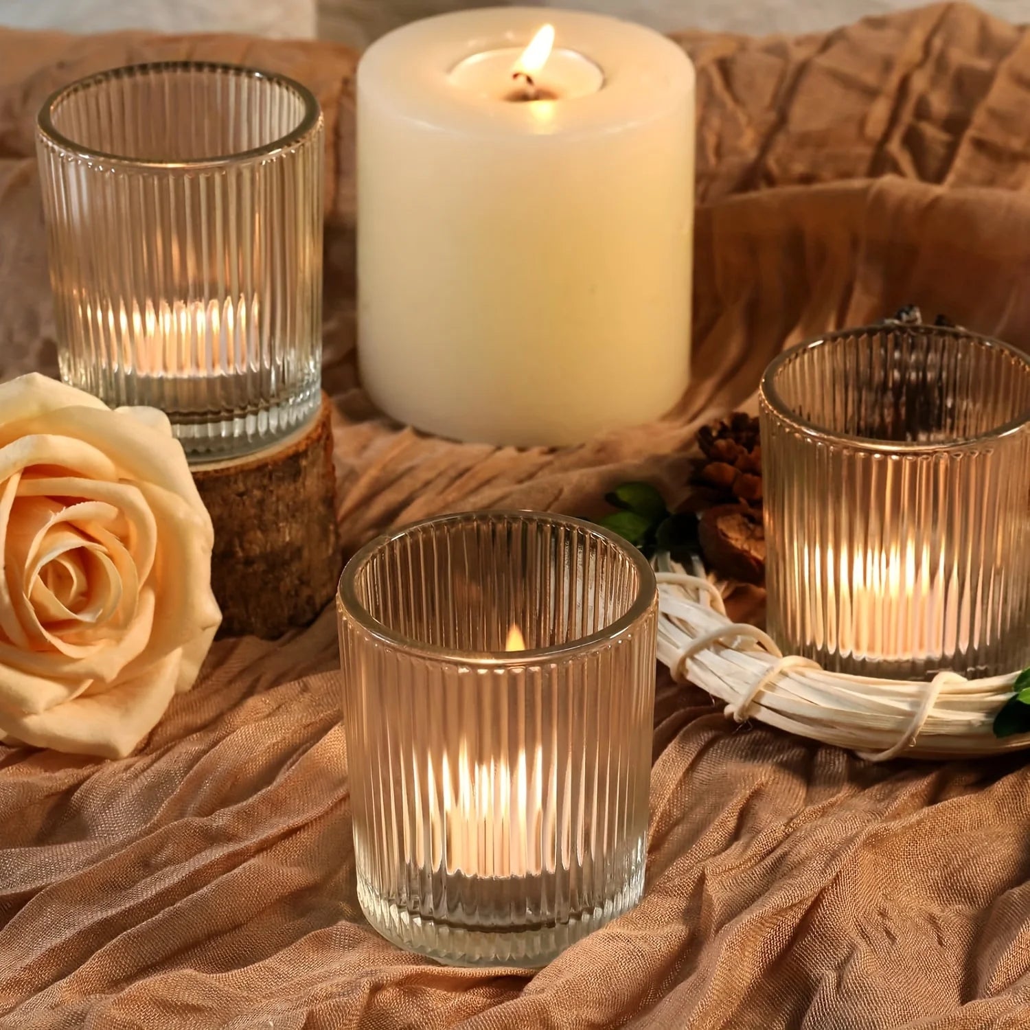12-piece Candle Holder for Wedding Decoration, Clear Glass Tealight Candlestick, Vintage Striped Tealight Candle Holder