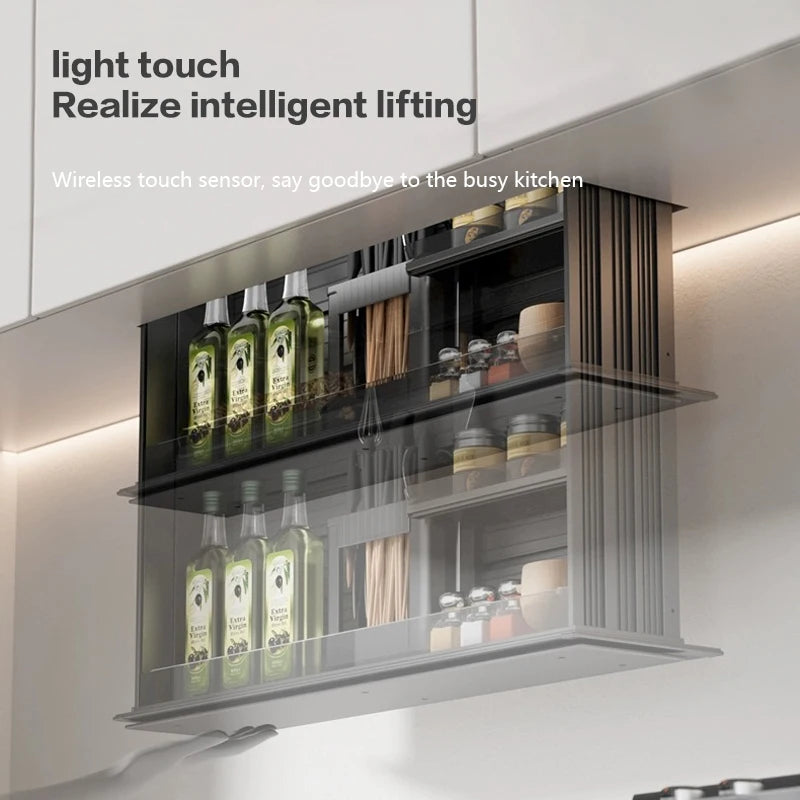 Kitchen Wall Cabinet Vertical Lifting Basket Electric Intelligent Voice Touch Control Automatic Seasoning Basket Cabinet