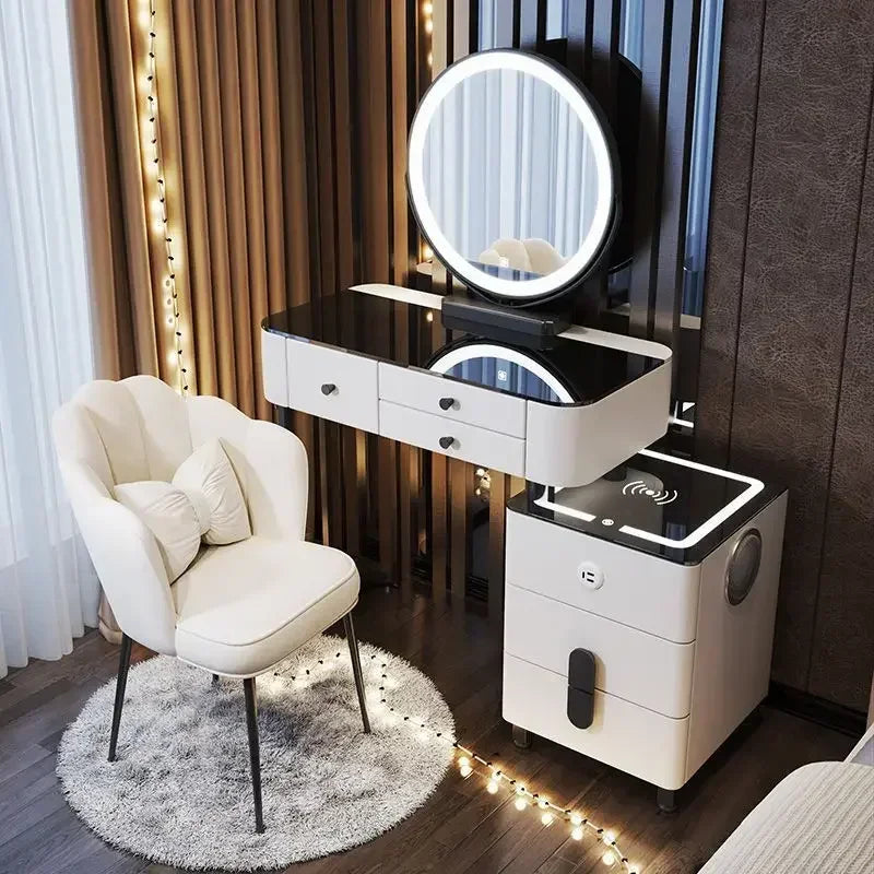 Modern Dressing Table with Smart Wireless Charging Luxury Bedroom Multifunctional Makeup Table with Chair Sound Cloud Led Mirror