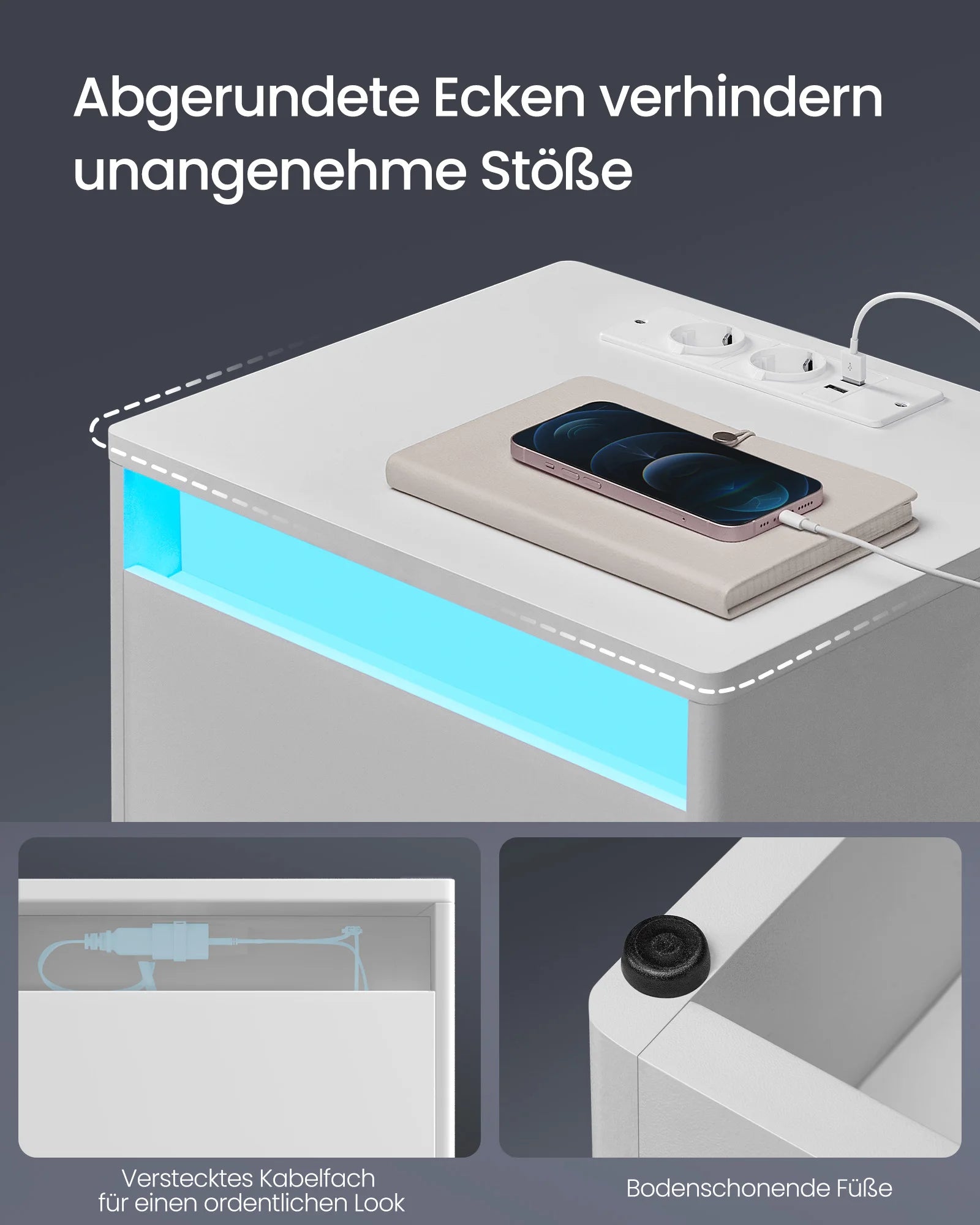 VASAGLE bedside table with adjustable LED lighting, side table table with sockets, drawer, 2 AC sockets, 2 USB ports