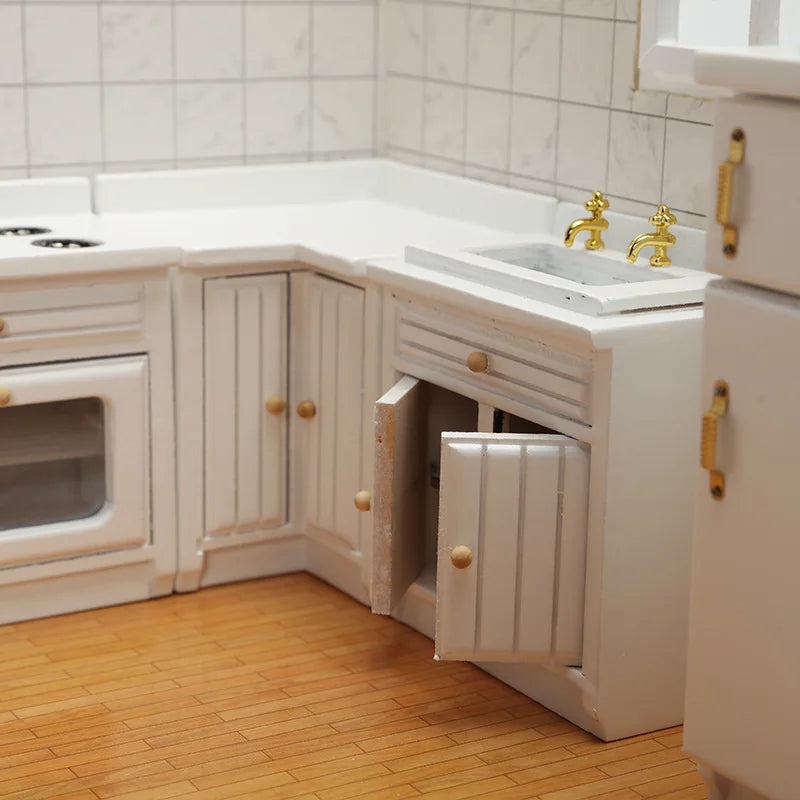 Dollhouse Mini Cooking Table Sink Counter Set Cabinets Combination 1:12 Miniature Kitchen Miniature Models Home Decor Figurines