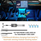 For Tesla Model 3 Y 64Colors RGB Neon LED Center Console Dashboard Wireless Charging Light Ambient Lamp USB Power APP Controller