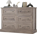 Modern 6 Drawer Double Dresser with Deep Drawers & Mental Double Handles, Wood Dresser Chest, Wide Chest of Drawers, Wash Gray