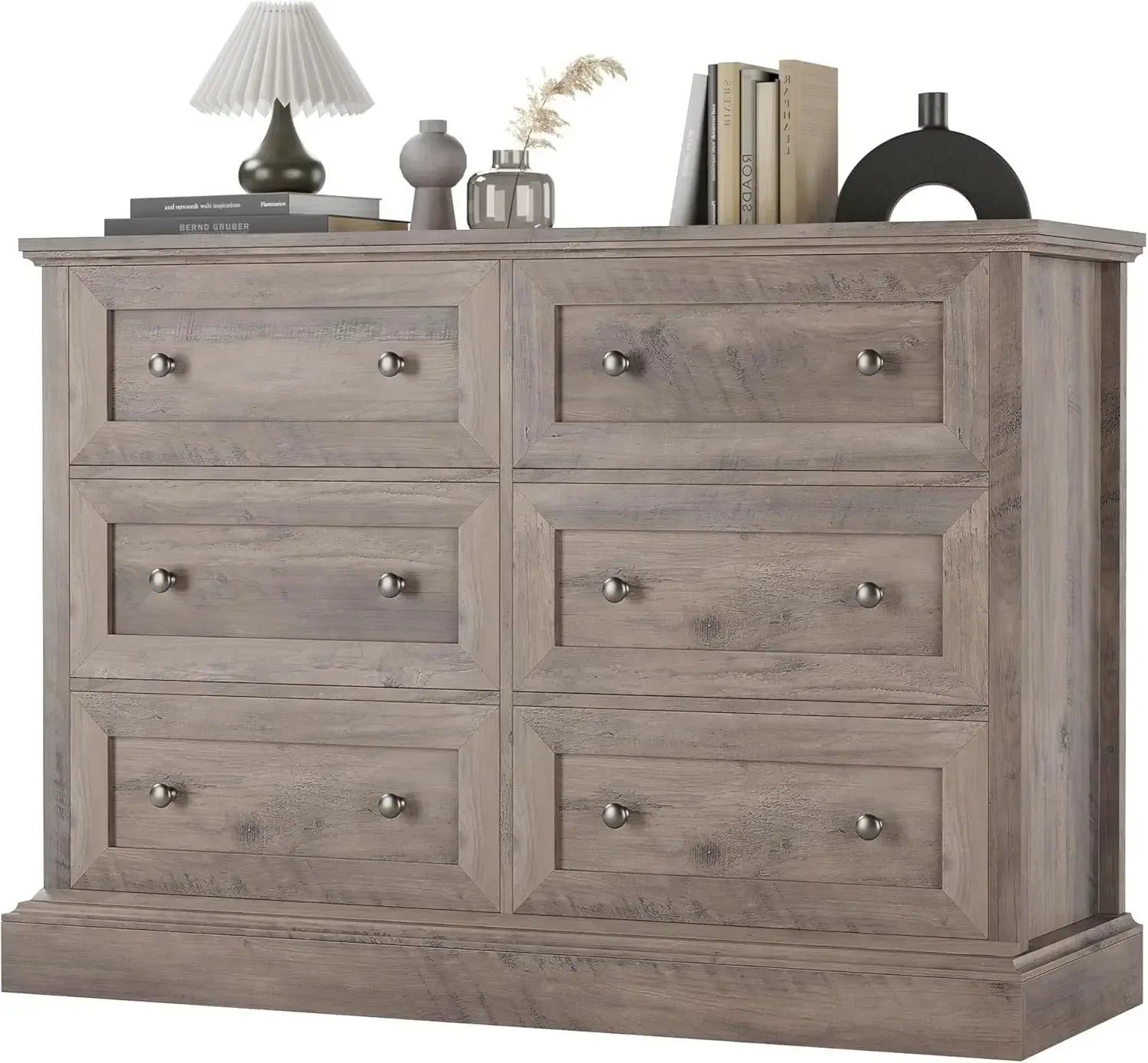 Modern 6 Drawer Double Dresser with Deep Drawers & Mental Double Handles, Wood Dresser Chest, Wide Chest of Drawers, Wash Gray