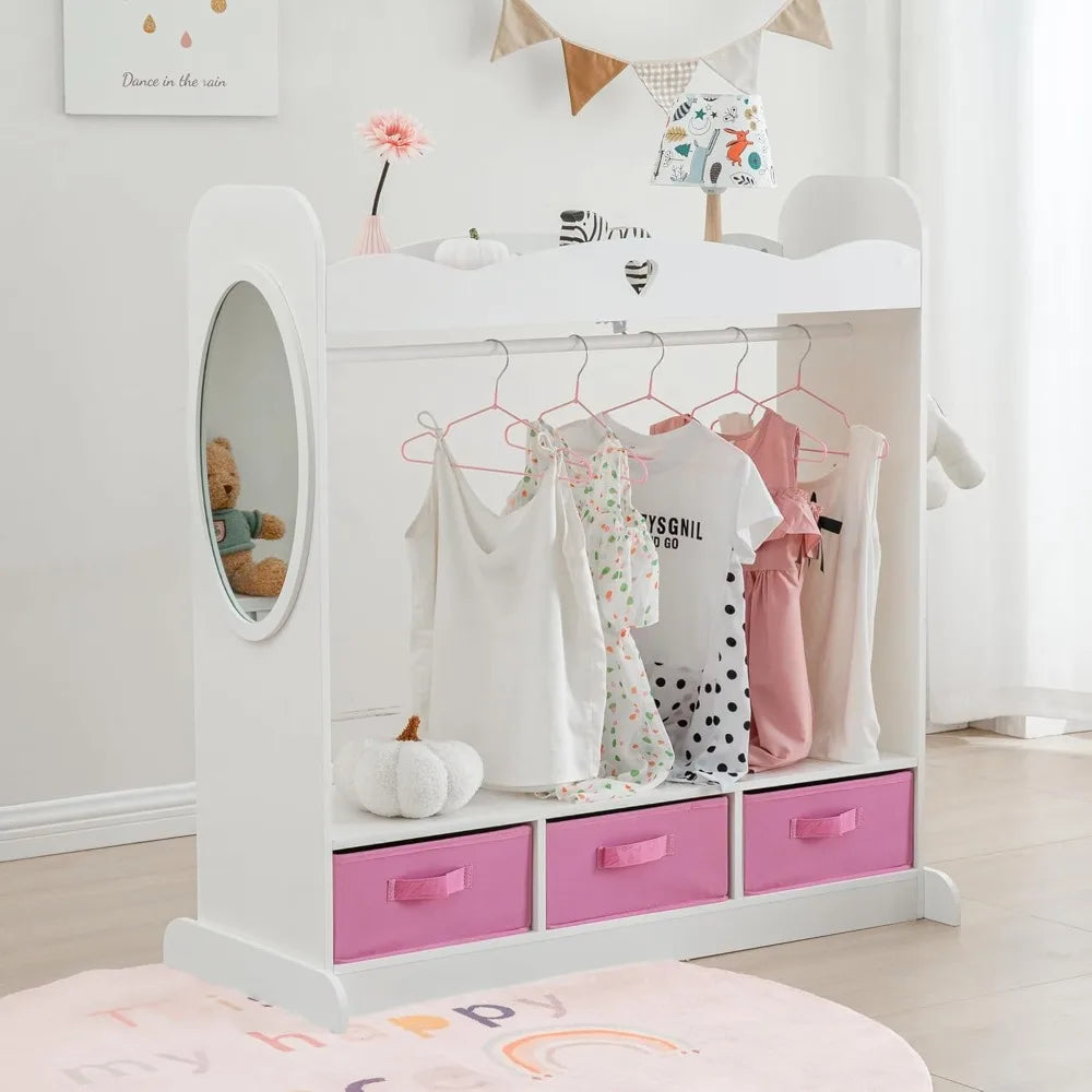 Kids Armoire Dress-Up Closet w/Mirror,Open Hanging Wardrobe w/Clothes Rack,Toddlers Pretend Play Costume Storage Dresser,Childr