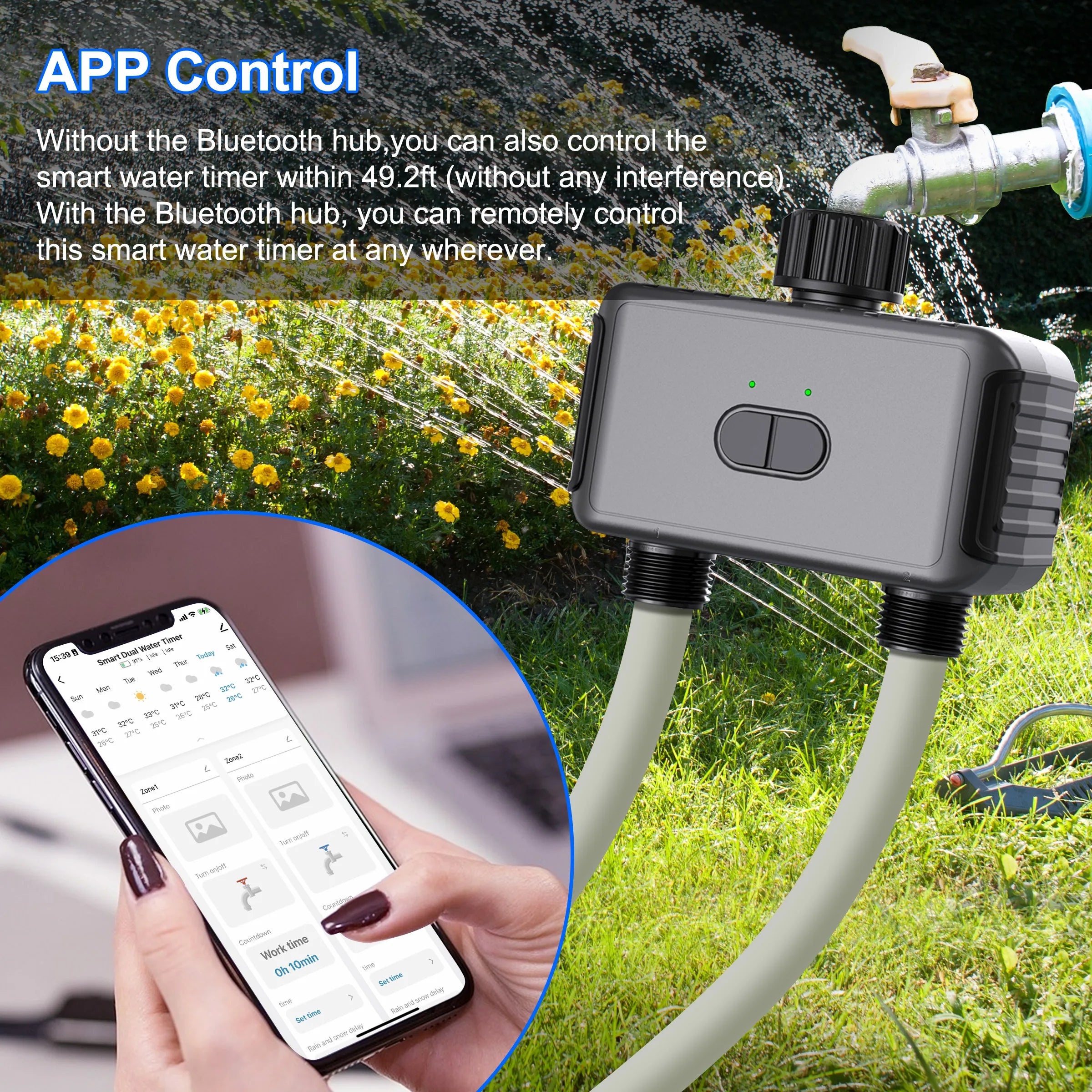 KEMEK Smart Programmable Sprinkle Timer 2 Zone Wifi Smart Garden Water Timer for Hose Faucet Irrigation with Rain Delay Feature