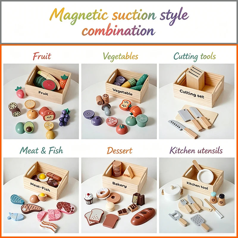 Wooden Kitchen Pretend Play Set Magnetic&Hook Loop Cutting Foods Game Fruits Vegetables Meat Dessert Educational Role Play Toys