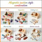 Wooden Kitchen Pretend Play Set Magnetic&Hook Loop Cutting Foods Game Fruits Vegetables Meat Dessert Educational Role Play Toys